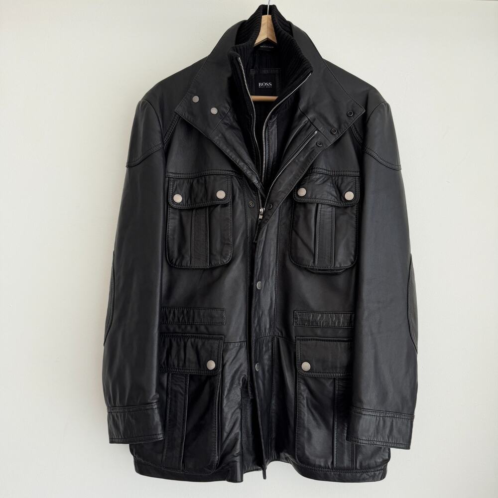 Hugo Boss Leather Jacket Men 38R Black Goatskin Military Field Biker Safari Coat - Picture 3 of 12
